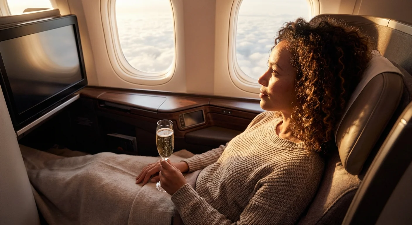 Traveler enjoying business class lie-flat seat booked with points