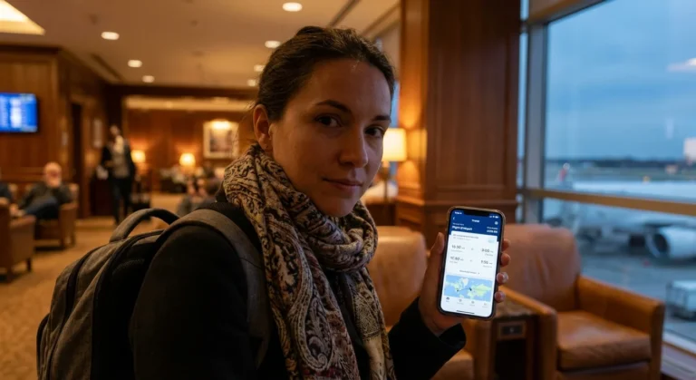 Traveler checking Hilton Honors points balance on smartphone in a luxury airport lounge.