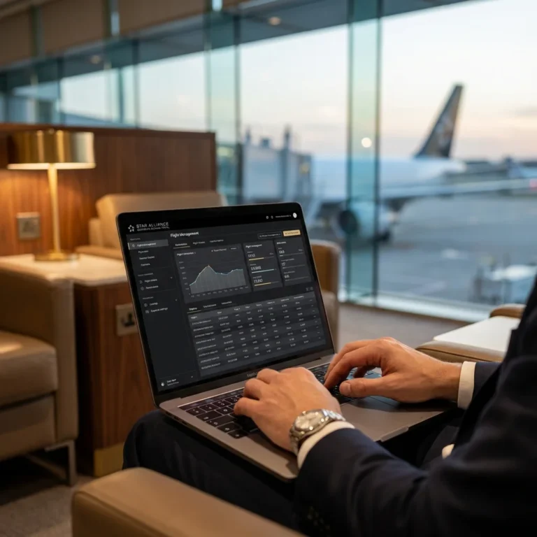 Traveler using laptop in luxury airport lounge to book flights with data charts visible on screen
