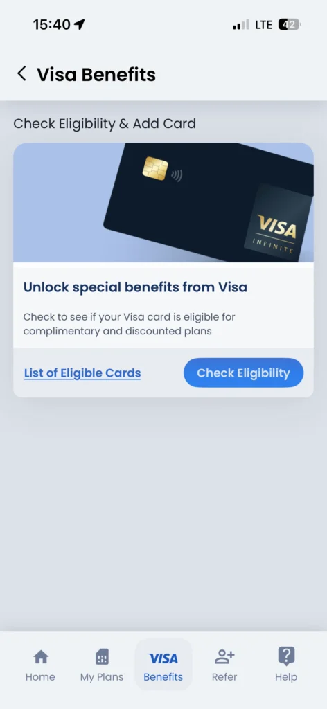 Screenshot of the 'Visa Benefits' screen in the GigSky app, displaying the 'Check Eligibility' button and a Visa Infinite card graphic used to validate card eligibility for free data plans.