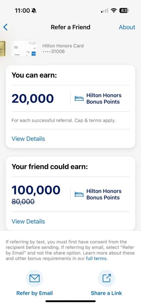 Hilton Honor referral screen on a smartphone as screenshot.