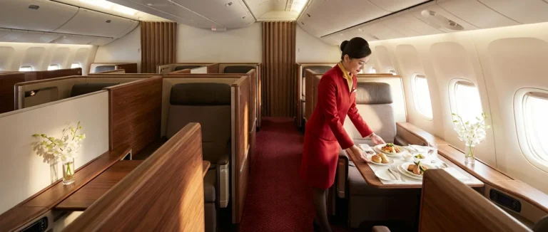 Cathay Pacific First Class cabin interior featuring spacious suites and flight attendant service