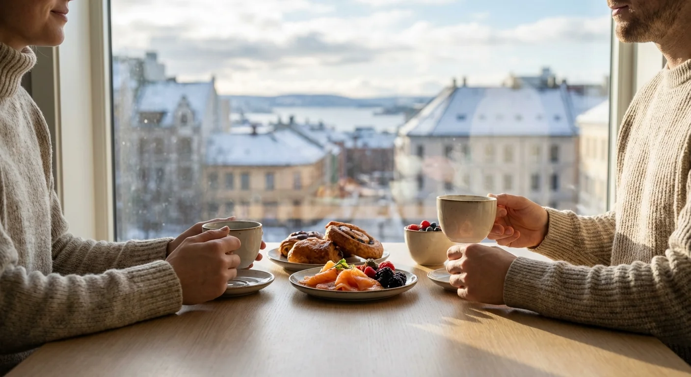 A couple enjoying a luxury breakfast at a Choice Hotel in Oslo, booked using Citi ThankYou points at a 1:2 transfer ratio.