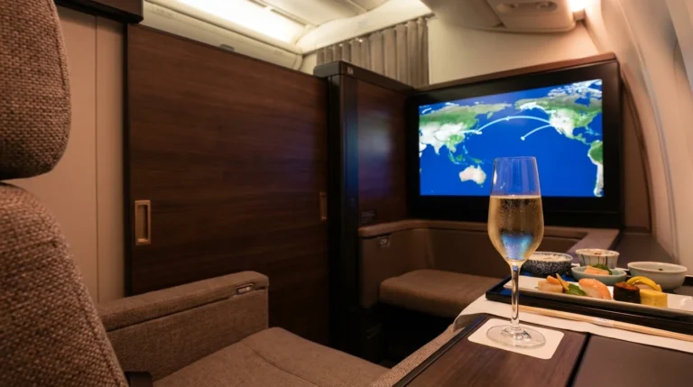 ANA First Class The Suite cabin view with champagne and kaiseki meal