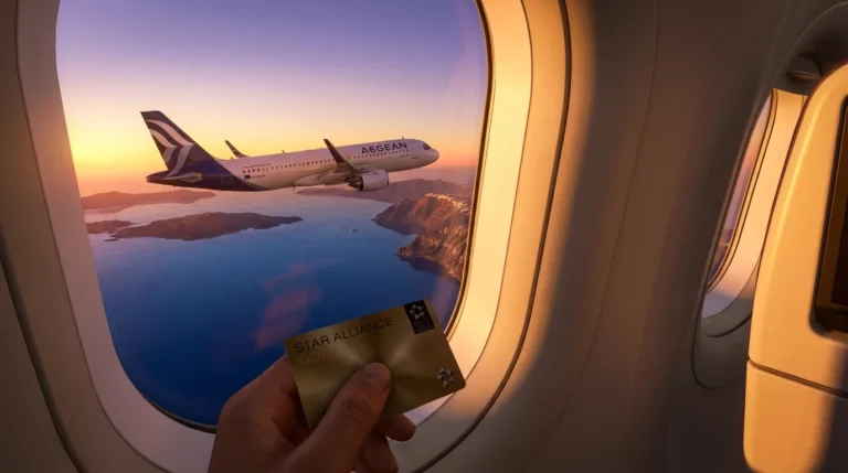 Aegean Airlines A320neo flying over Santorini at sunset with a Star Alliance Gold card in the foreground