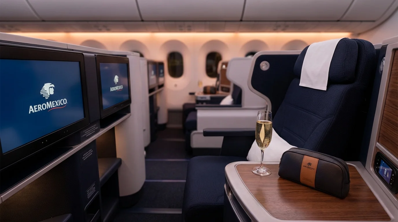 Aeromexico 787-9 Dreamliner Premier Class cabin with reverse herringbone seats and champagne