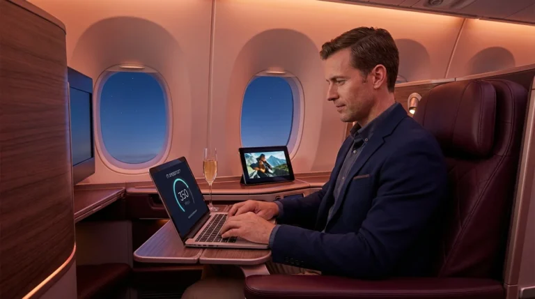 Passenger in business class using high-speed Starlink WiFi on a laptop, displaying a 350 Mbps speed test result symbolizing Airlines With Starlink WiFi.
