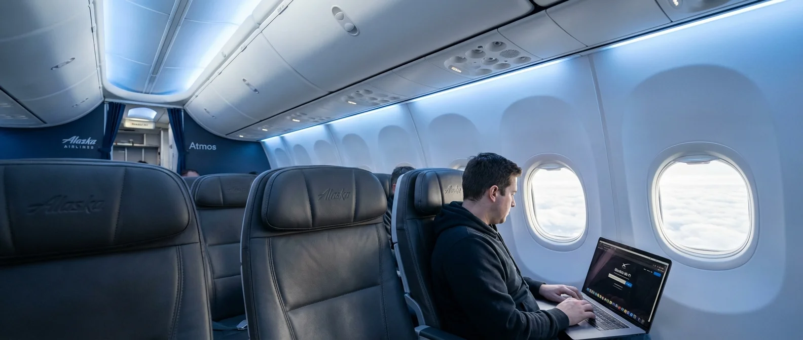 Alaska Airlines Atmos Rewards cabin interior showing new seats and Starlink connectivity