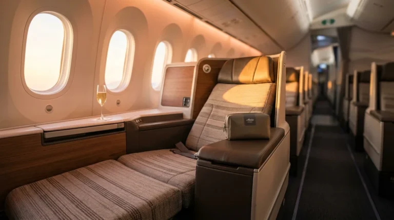 Hawaiian Airlines First Class seat with Alaska Airlines Atmos Rewards branding and champagne