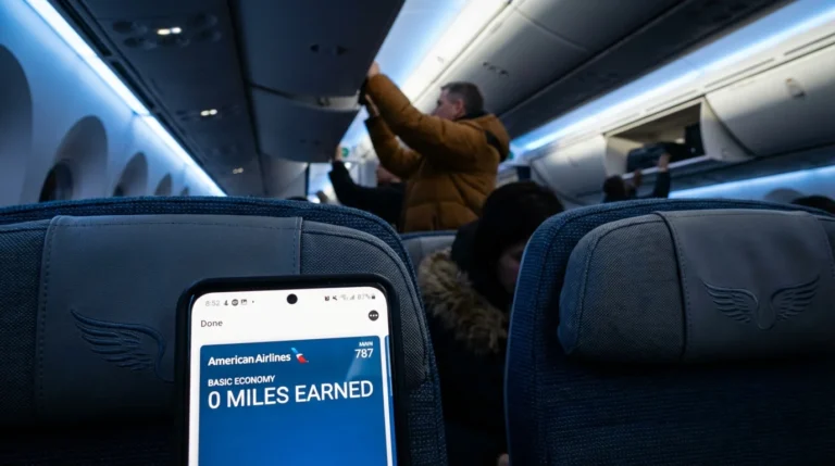 Smartphone displaying American Airlines Basic Economy boarding pass with zero miles earned notification in front of airplane cabin.
