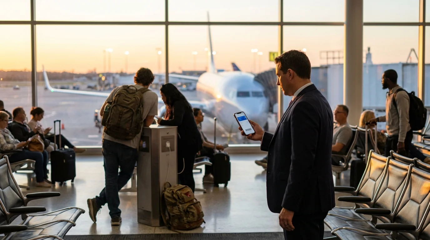 American Airlines gate area at sunset with travelers waiting for departure