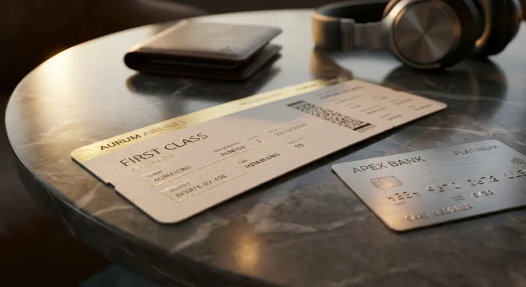 Close-up of a first class airline ticket and platinum credit card on a marble table representing luxury travel rewards.