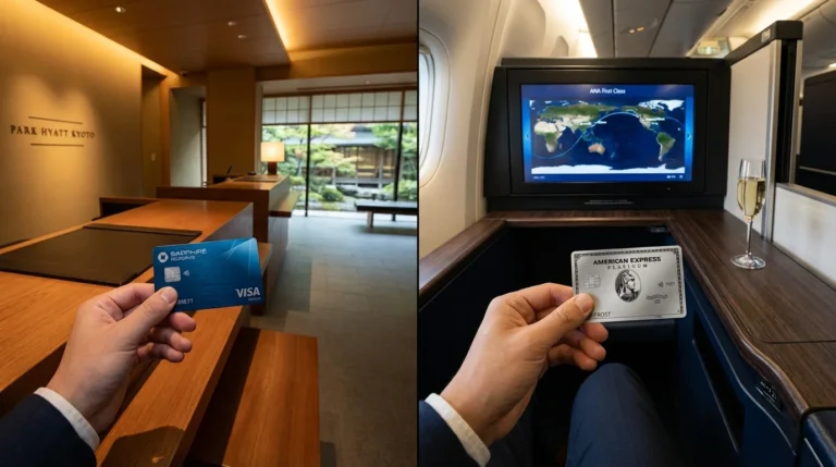 Split screen comparison showing a Chase Sapphire Reserve card at a Park Hyatt hotel counter and an Amex Platinum card in an ANA First Class suite symbolizing Amex vs. Chase.