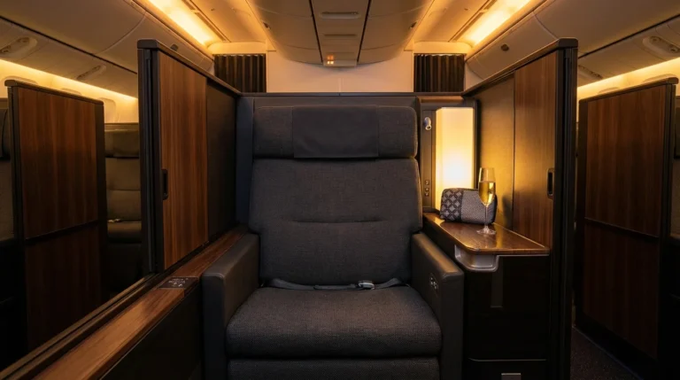 ANA The Room Business Class suite with dark wood sliding doors and charcoal grey wide seat booked with ANA Mileage Club.