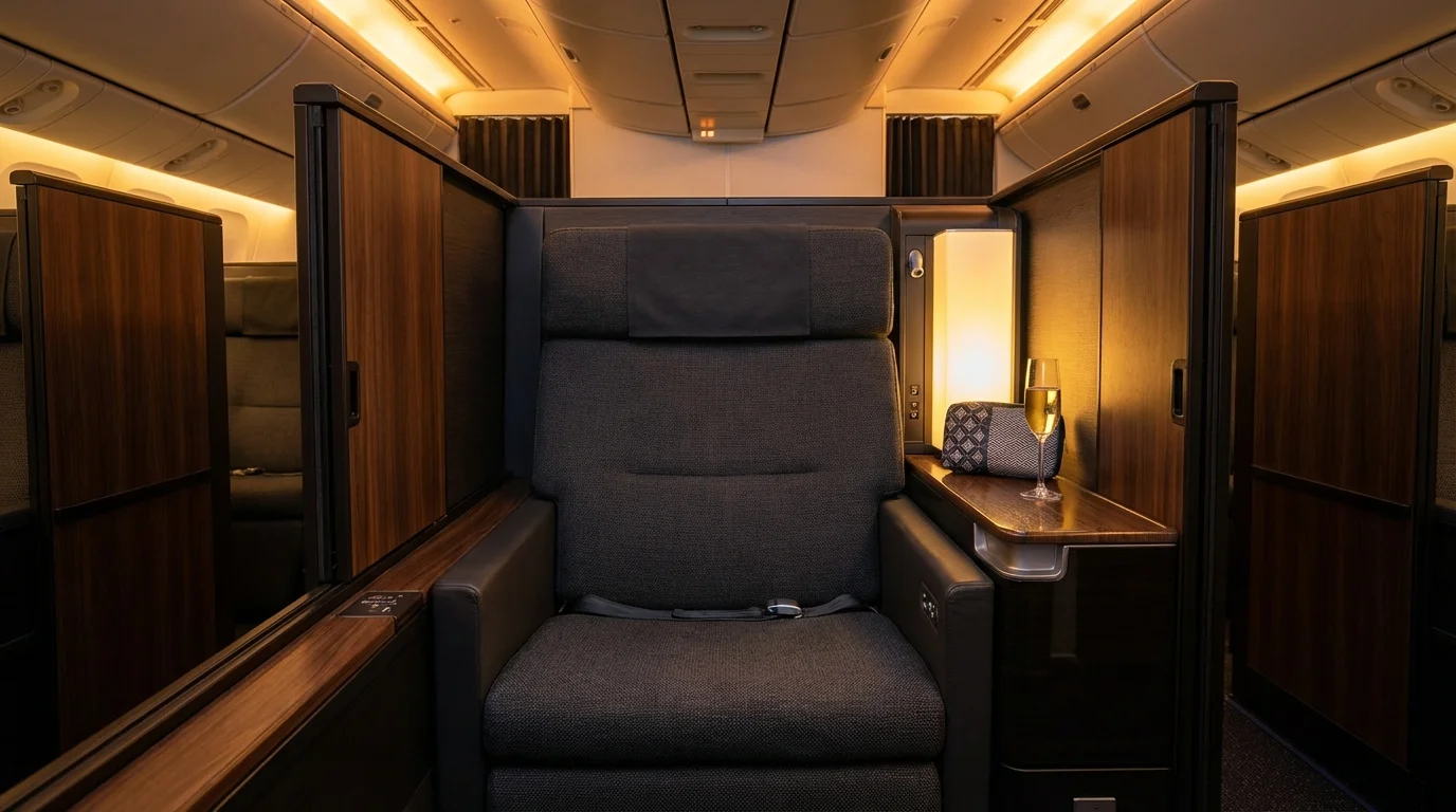 ANA The Room Business Class suite with dark wood sliding doors and charcoal grey wide seat booked with ANA Mileage Club.