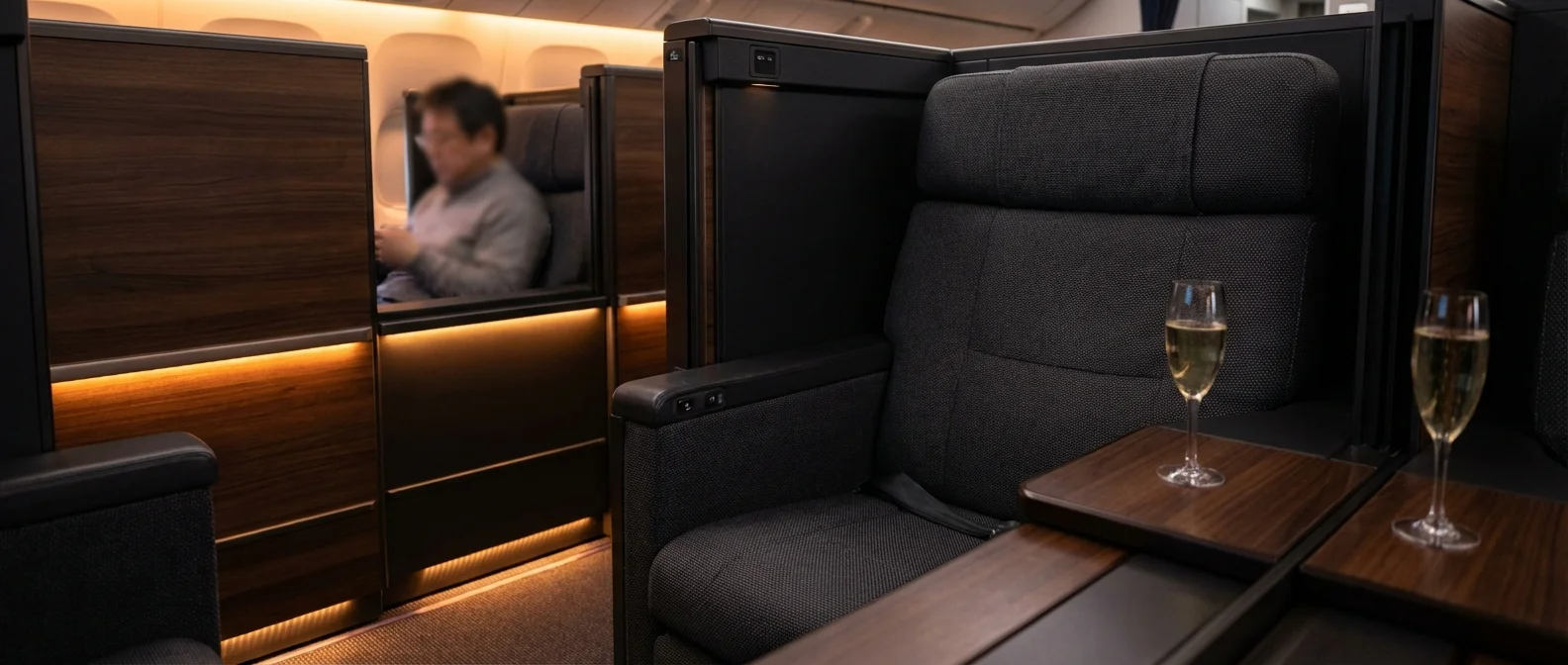 ANA The Room Business Class Cabin showing private suites and dark wood finishes
