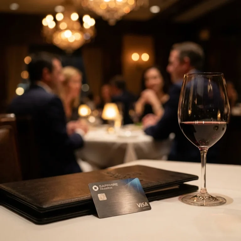 Credit card on a restaurant bill folder with a glass of red wine, representing dining rewards double dipping in Dining Reward Programs.
