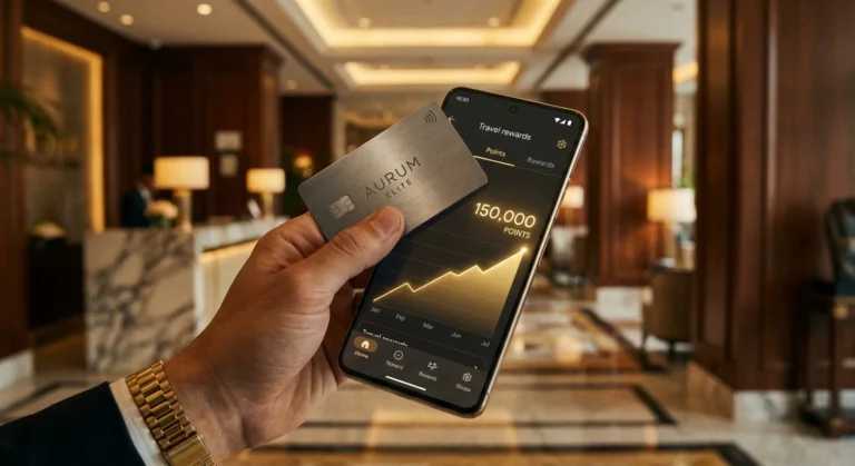 Premium metal credit card held over a smartphone showing travel rewards points increasing, set against a luxury hotel background.