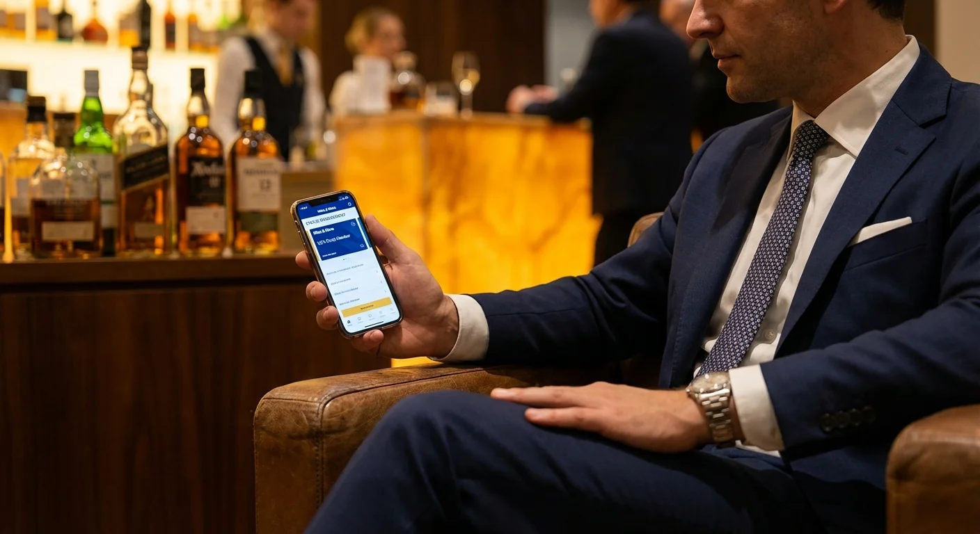 Business traveler converting Miles & More eVouchers to points in the Lufthansa First Class Terminal lounge