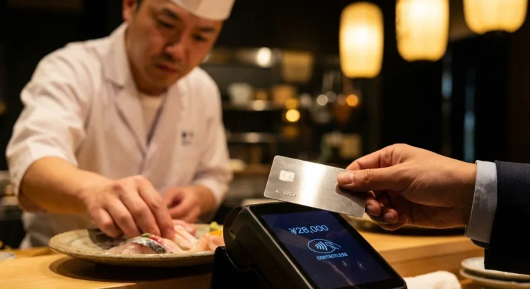 Close up of hand paying with credit card at luxury sushi restaurant in Tokyo, representing Capital One Savor dining benefits