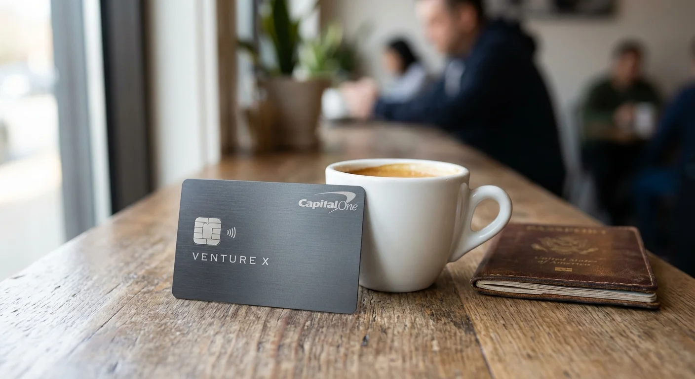 Capital One Venture X card on a cafe table with passport