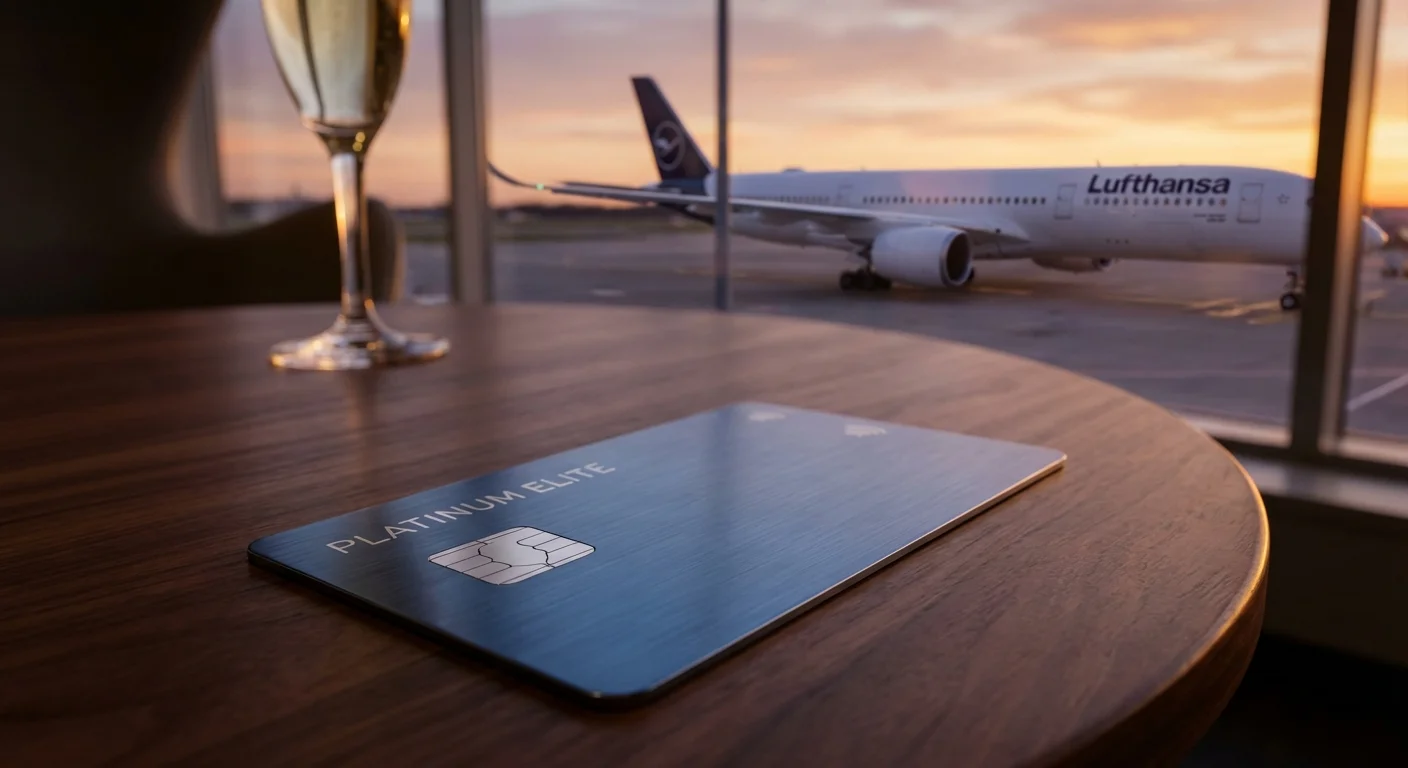 Chase Sapphire Preferred metal card on a luxury lounge table with a blurred runway view