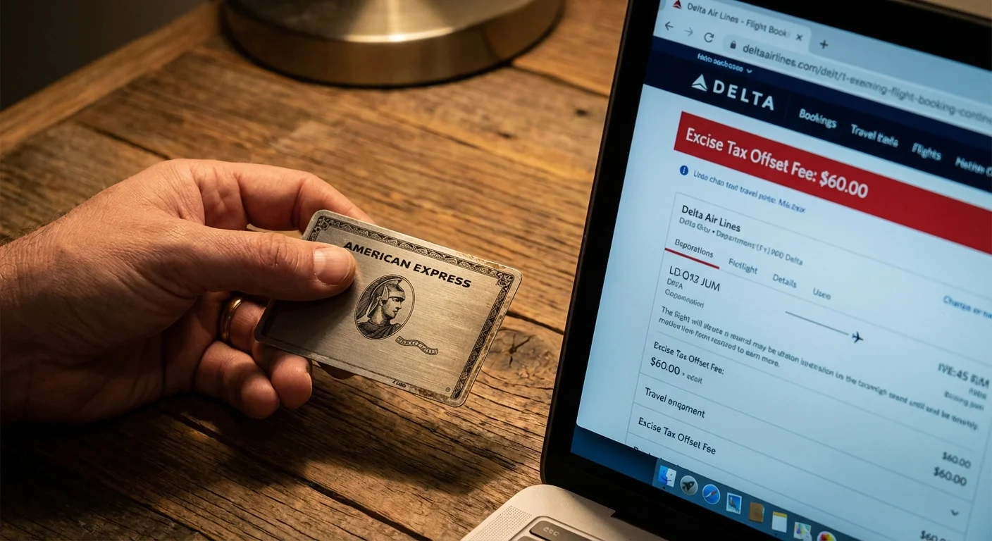 Close up of Amex Gold card next to laptop showing airline transfer fee warning