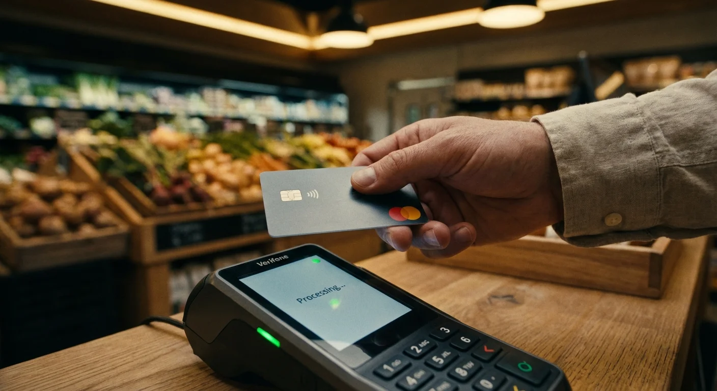 Contactless payment terminal at a grocery store showing transaction approval