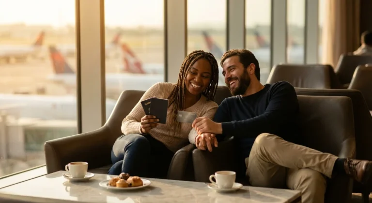 Couple relaxing in airport lounge holding premium credit card and passports