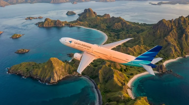 Garuda Indonesia Boeing 777-300ER flying over Komodo Islands with turquoise water