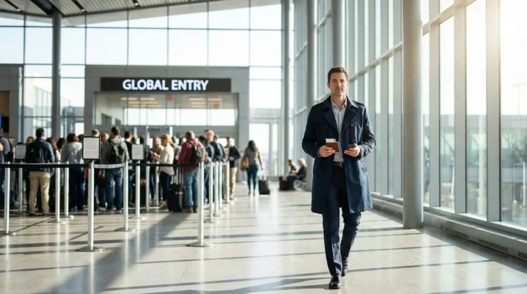 Traveler walking past long airport security lines using Global Entry benefits at a modern international terminal.