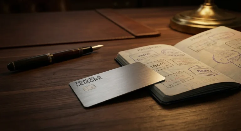 Metal credit card on walnut desk with passport and pen, illustrating the value of hard credit inquiries for travel rewards.