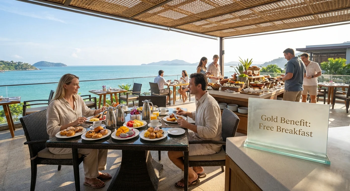 Hilton Gold members enjoying free breakfast at a luxury resort
