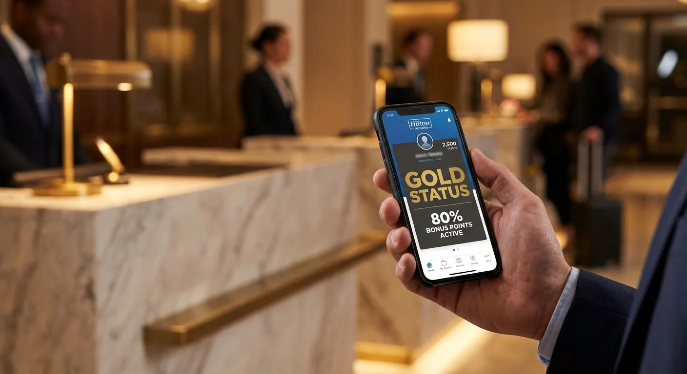 Hilton Honors Gold Status displayed on mobile app in luxury hotel lobby