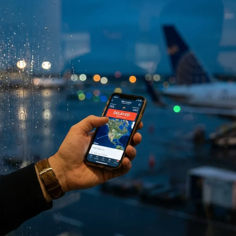Smartphone showing flight delays notification in a modern airport lounge with a United Airlines plane in the background.