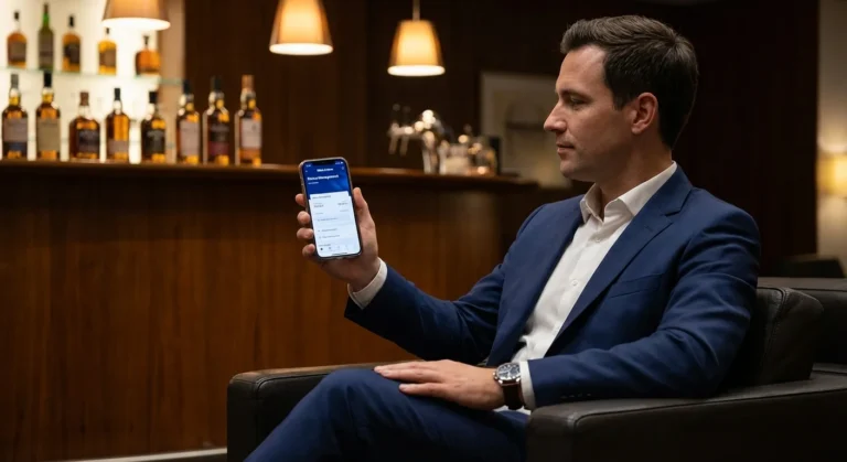 Business traveler converting Miles & More eVouchers to points in the Lufthansa First Class Terminal lounge