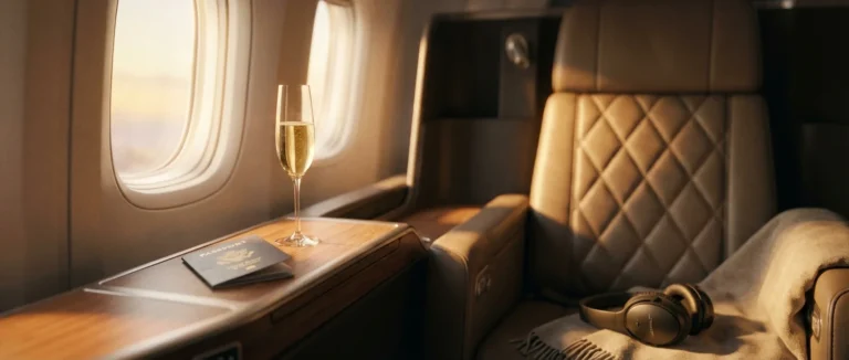 Luxury first class airplane seat with champagne and passport, representing the value of 100k points.