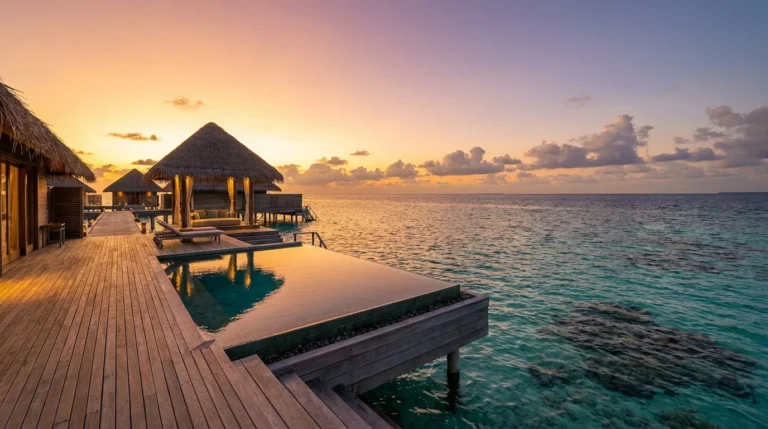 Waldorf Astoria Maldives Overwater Villa with infinity pool at sunset, representing the best use of Hilton Free Night Certificates