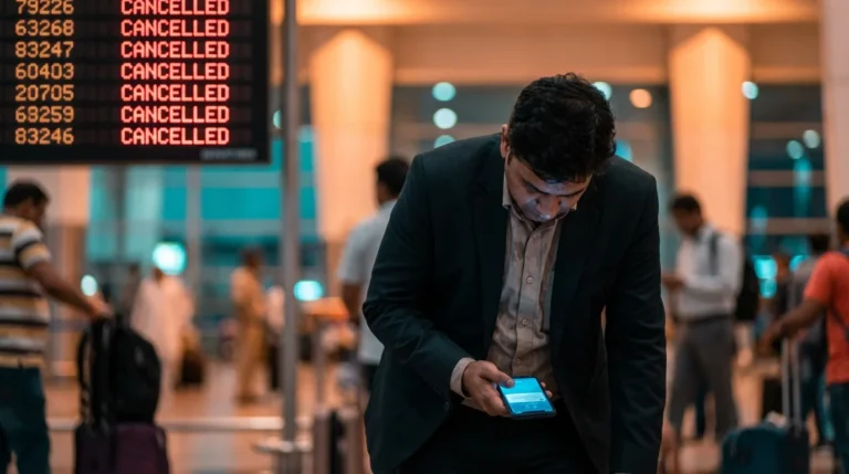 Business traveler checking phone at airport with cancelled flights on departure board in background during IndiGo chaos.