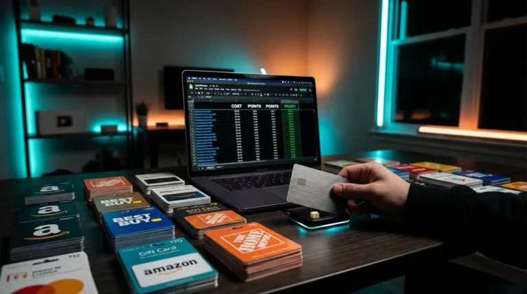 Stacks of retail gift cards on a desk with a financial spreadsheet analyzing credit card point profits and reselling risks.