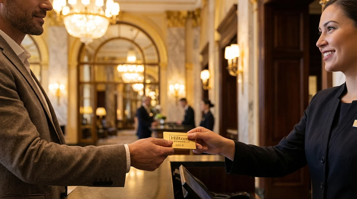 Traveler receiving Hilton Honors Gold status key card at a luxury Waldorf Astoria hotel check-in desk