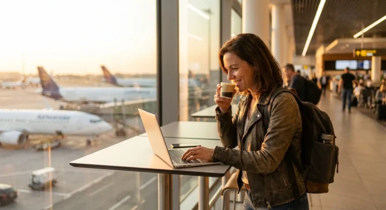 Traveler working on laptop in a Priority Pass airport lounge with tarmac view during golden hour