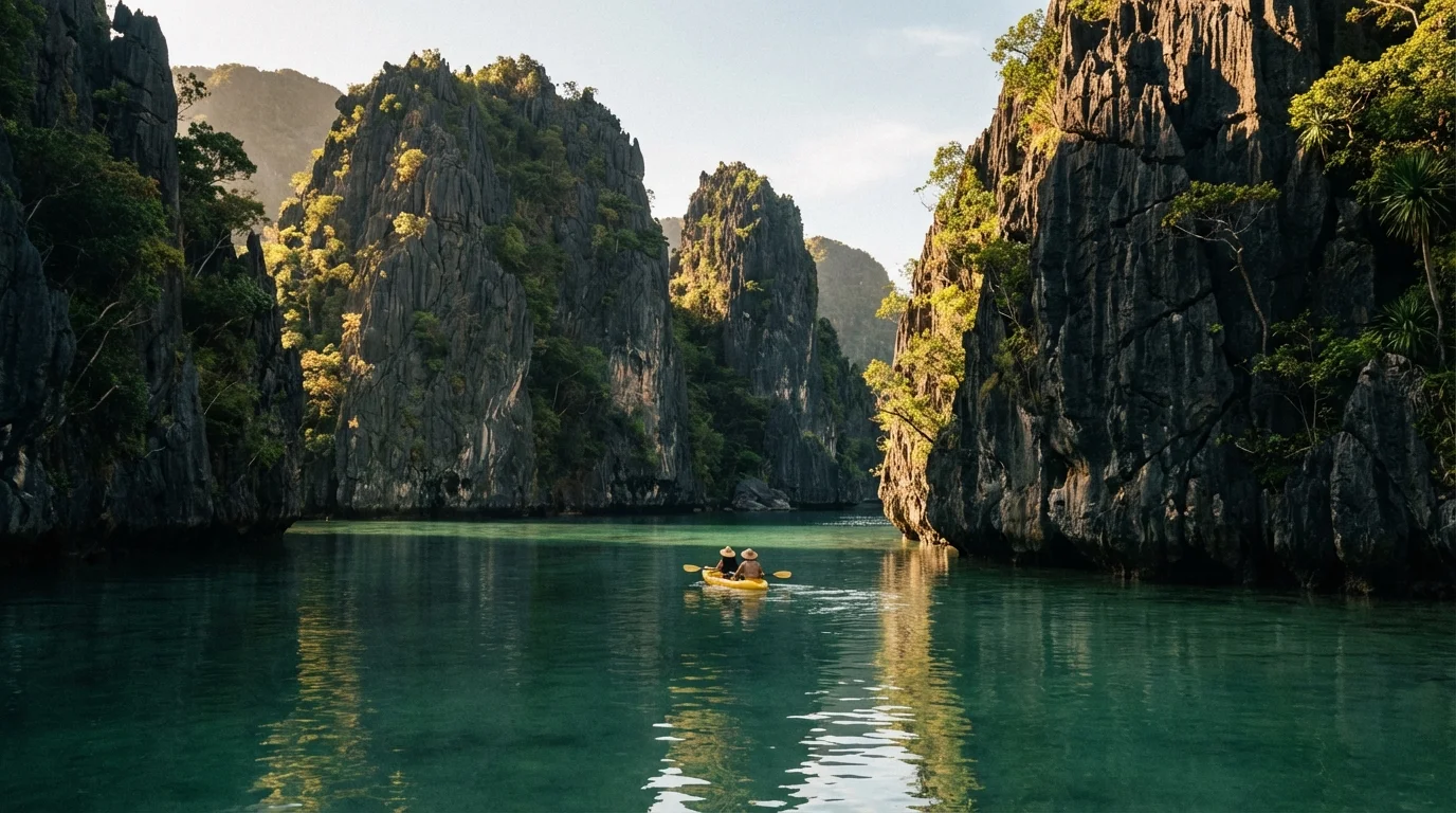 Kayaking in the Big Lagoon of El Nido, Palawan surrounded by limestone cliffs.