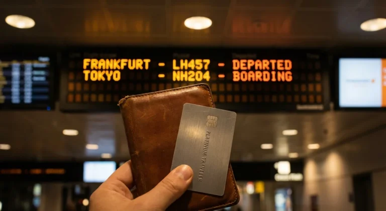 Traveler holding passport and credit card in a luxury airport lounge with a departure board in the background.