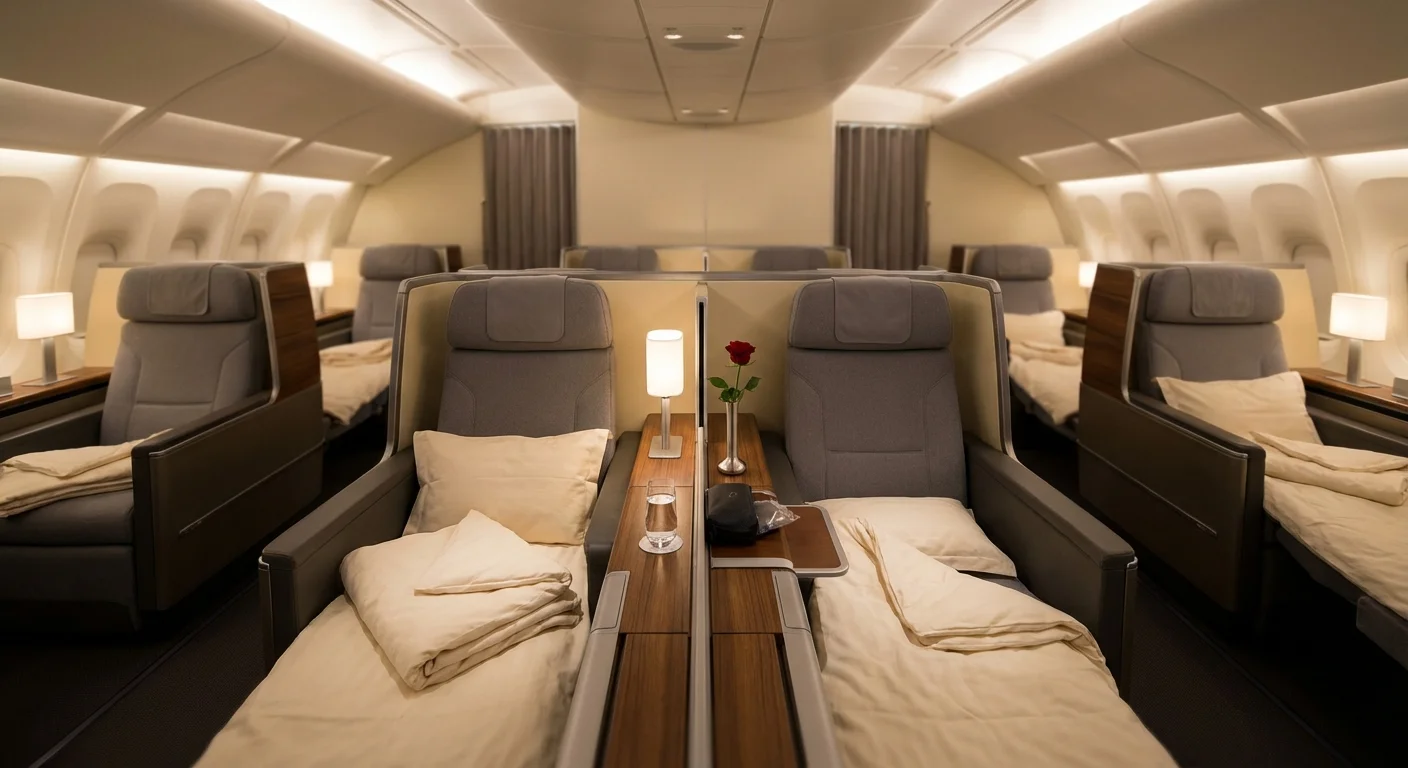 Lufthansa First Class cabin showing the seat and signature red rose setup