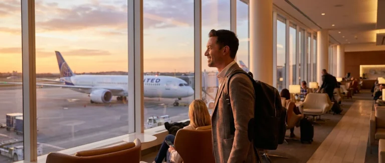 Traveler in luxury airport lounge watching LOT Polish Airlines Dreamliner plane at sunset enjoying LOT Mileage Bargain