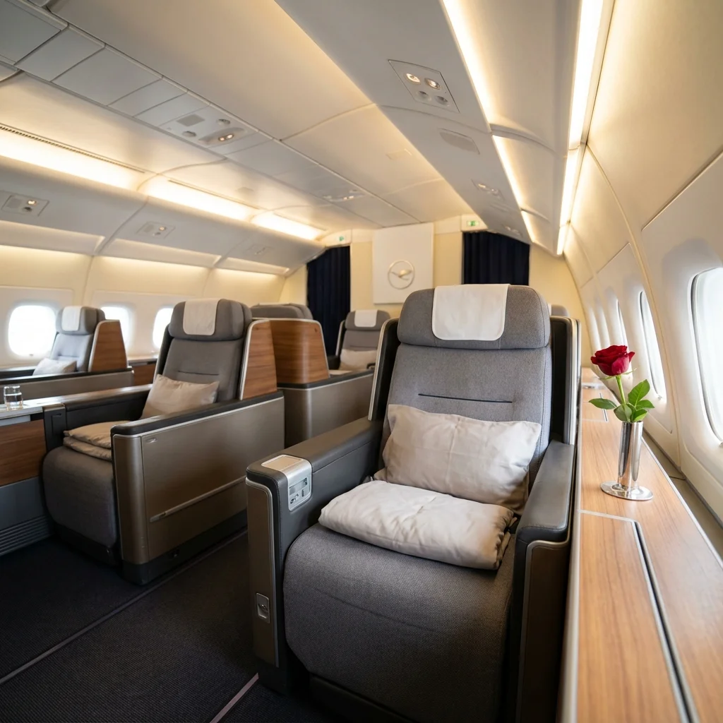 Lufthansa First Class cabin showing the seat and signature red rose setup