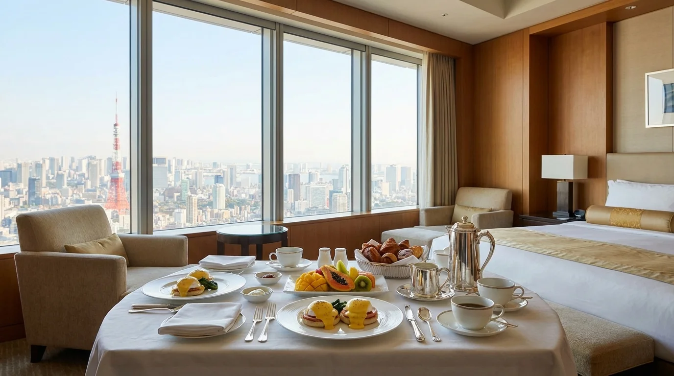 Luxury hotel room breakfast with a view of Tokyo skyline representing Marriott Platinum elite benefits