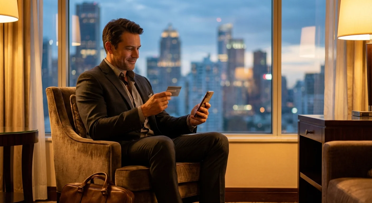 Traveler in a luxury hotel lounge comparing Marriott vs Hyatt vs Hilton credit card benefits and points value