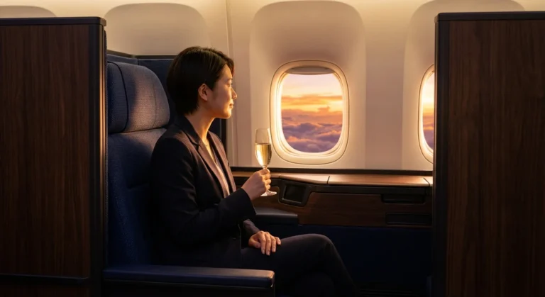 Traveler sitting in ANA Business Class The Room suite drinking champagne, representing high value Amex point redemption